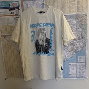 Palm Angels Cream Tee with Blue Graphic